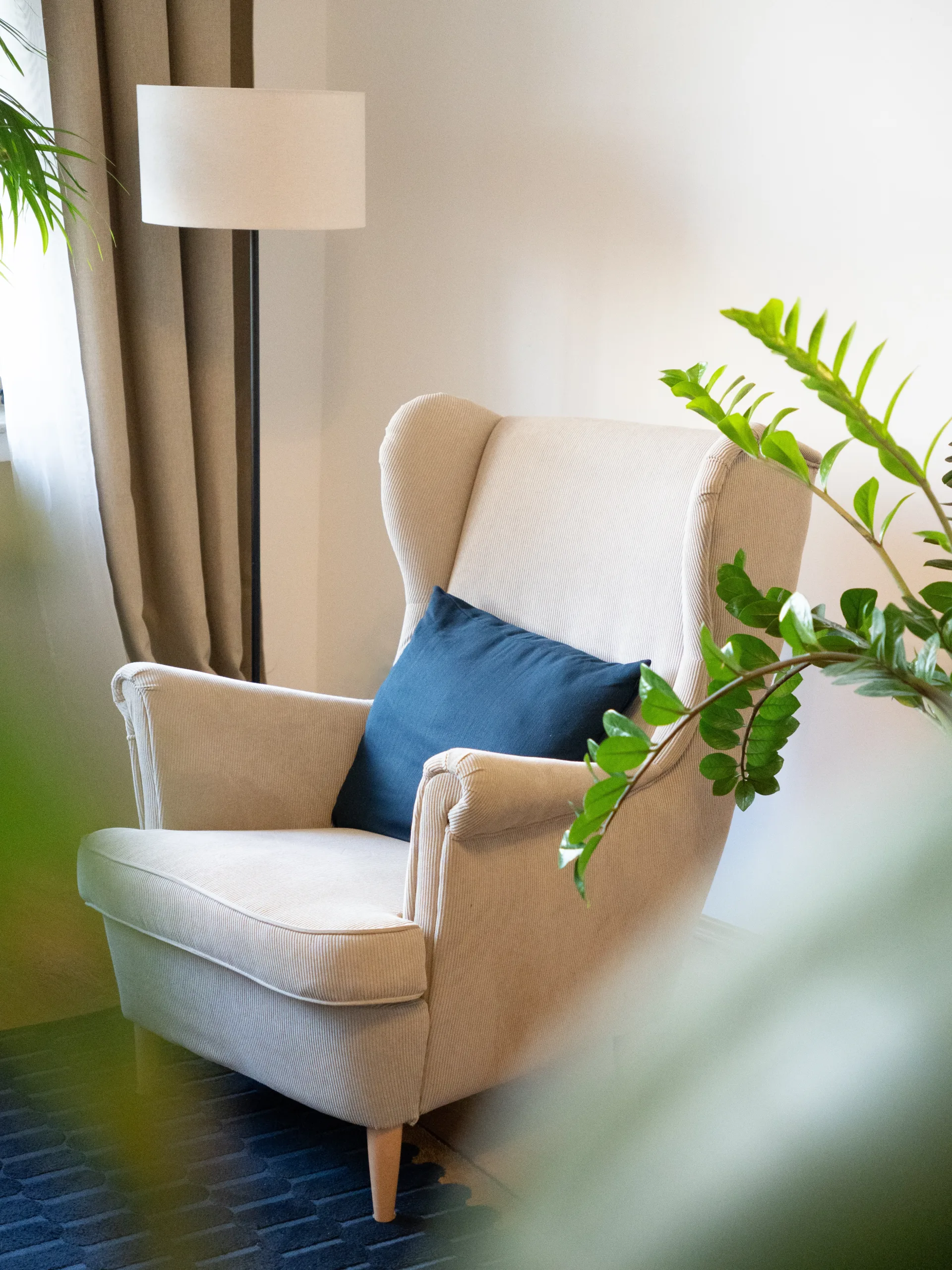 Psychotherapie in Düsseldorf - Therapieraum von M. sc. Psychologe Igor Liberchuk von Liber Therapie. Stuhl mit blauem Kissen und Zimmerpflanze.